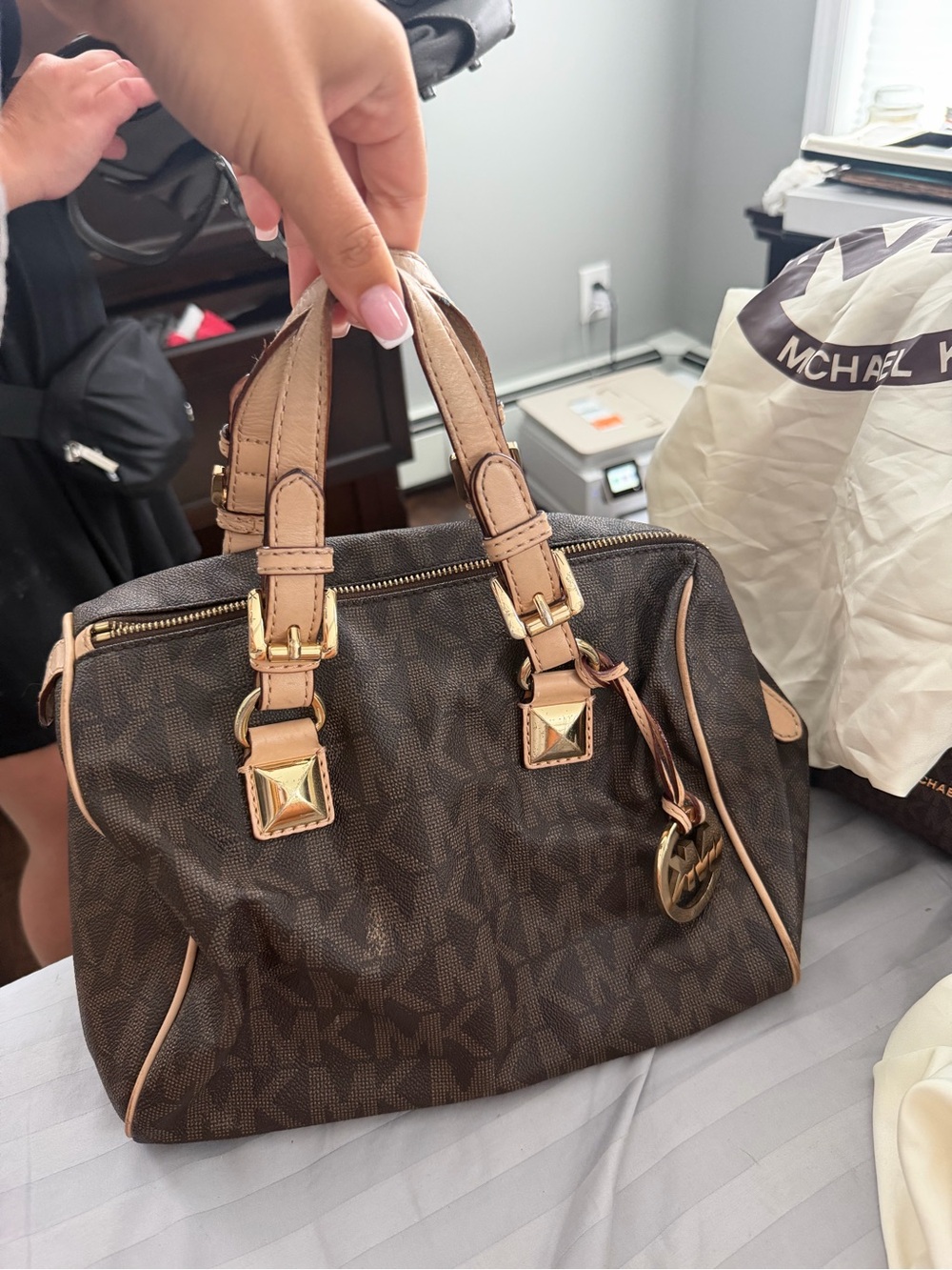 Michael Kors Dark Brown MK Logo Satchel with Tan Trim